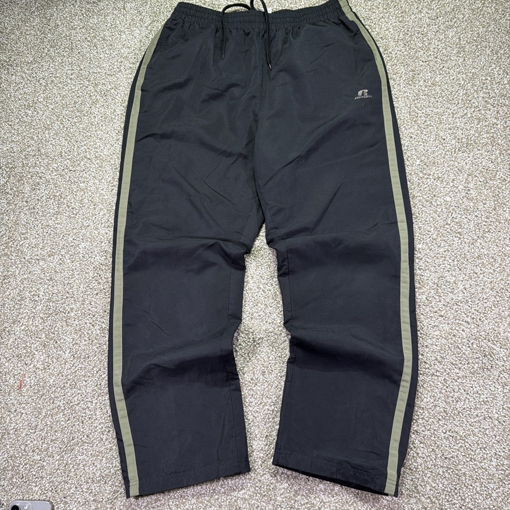 Vintage Russell Athletic Black Track Pants Olive Striped Size Large Y2k Open Hem